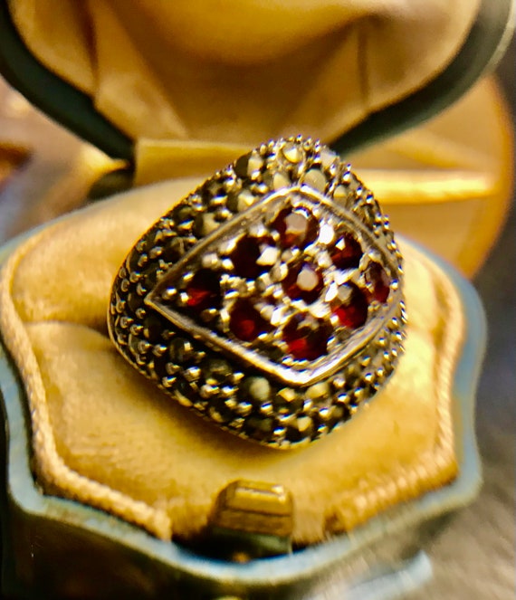 Vintage Silver 925, Garnet, Marcasite Ring, Art Deco Style. U.K Ring Size L