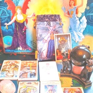 Baba Studio The Baroque Bohemian Cats Tarot & Bag Vintage 2 Crystal Balls + Bast Stand. Rare Baba Tarot Angel Devil Mat, Rose Quartz Scarab