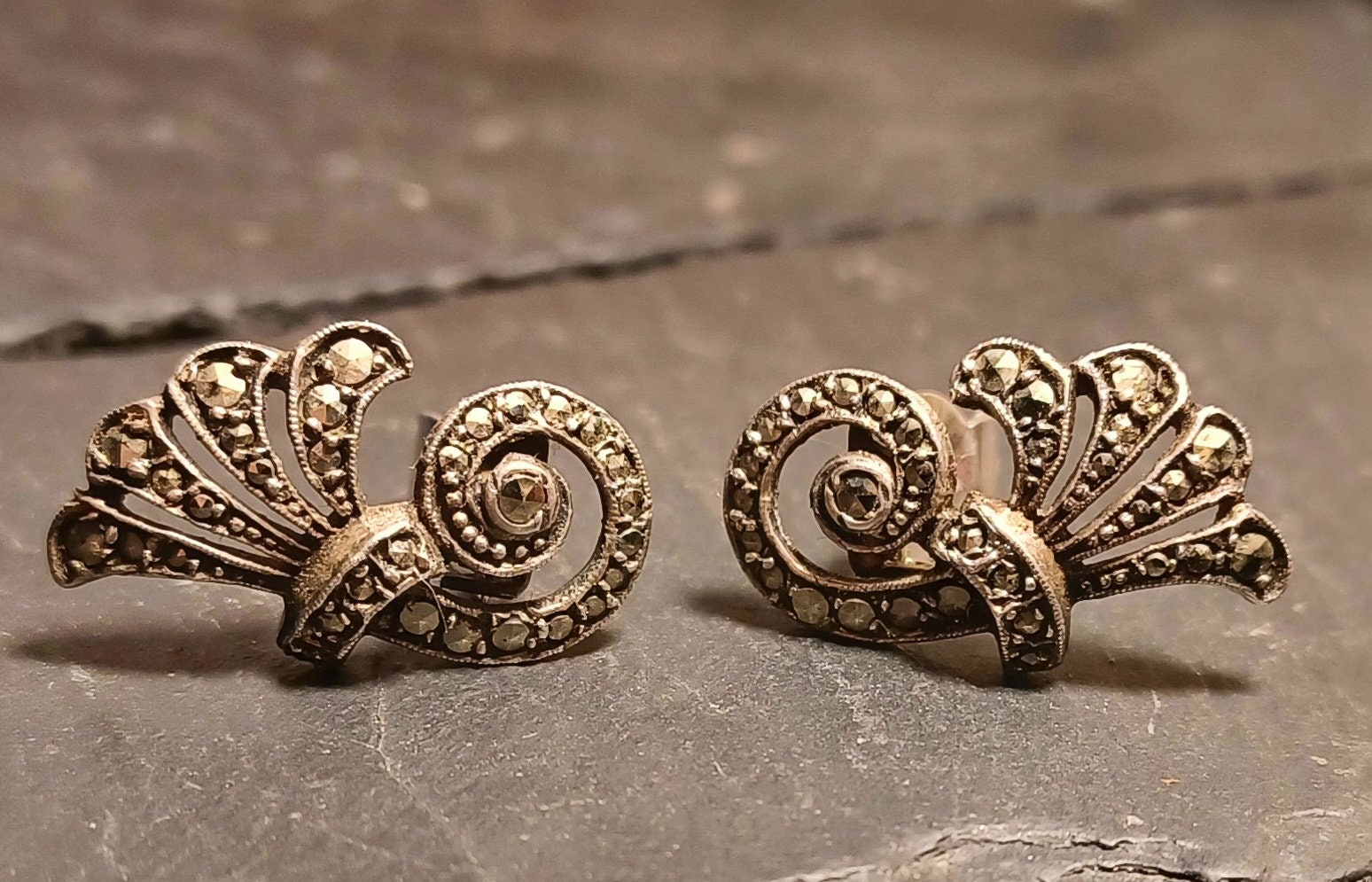 Boucles D'oreilles Anciennes Art Déco Argent Massif Marcasite - Clips, Pendantes, Occasion, Couleur Argenté