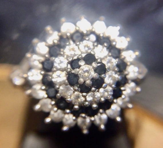 Vintage Statement, Cocktail Ring, Cubic Zirconian, C.Z Silver 925 Sparkly Black & White Stones, 4 row cluster Ring, U.K Ring size O