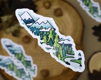 May include: A set of four stickers featuring a stylized landscape with mountains, trees, and a river. The stickers are printed on white vinyl and have a glossy finish.