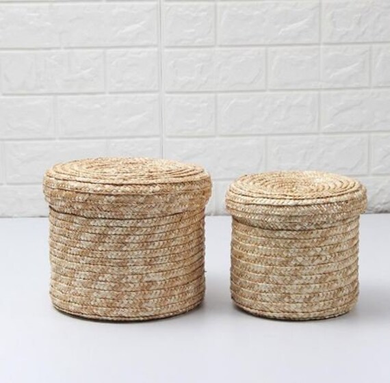 3 Pcs//Set Handmade Straw Woven Storage Basket With Lid Snack Organizer Sto F3Q7