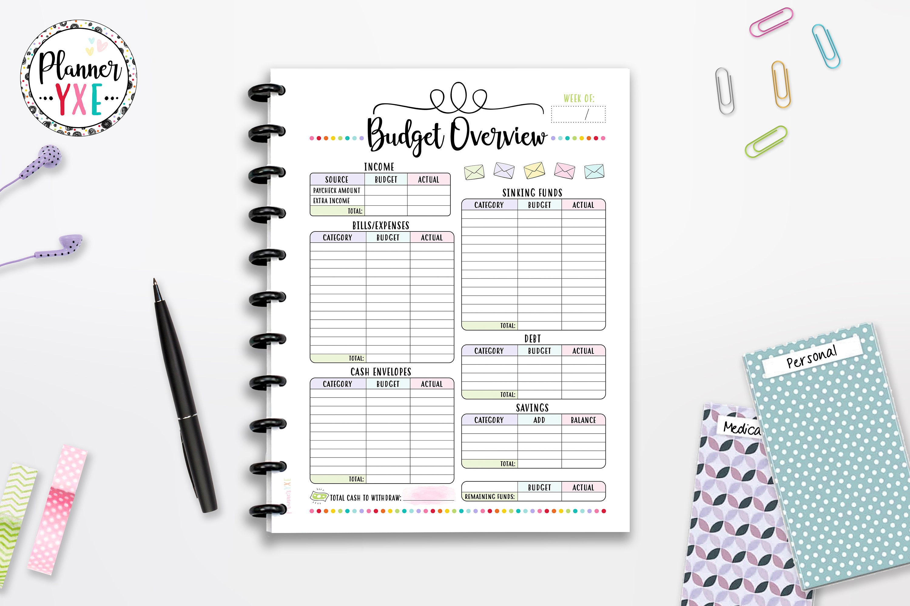 Budget Overview Cash Envelope Planner Printable, Budget, INSTANT DOWNLOAD, Full Page, Half Page, 8.5"x11", Classic Happy Planner, A4, A5