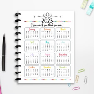 Calendario 2023 imprimible, Inicio del domingo, DESCARGA INSTANTE, Motivación, Planificador, Página completa, Media página, Clásico Feliz, 8.5x11, A4, A5, Cutlines