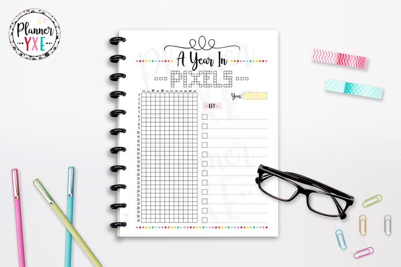 A Year in Pixels Tracker Printable, Mood Tracker, INSTANT DOWNLOAD, Classic Happy Planner, Half Page, CUTLINES, 8.5x11, A4, A5 image 2