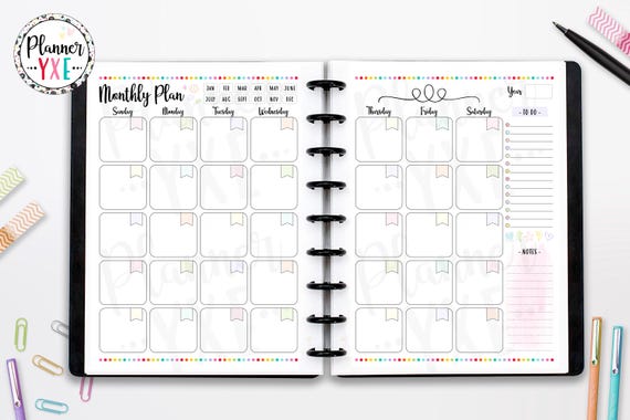Monthly Planner 2 Page Spread, Sunday Start, Monthly Organizer, INSTANT DOWNLOAD, CUTLINES, Half Page, 8.5x11, Classic Happy Planner, A4, A5