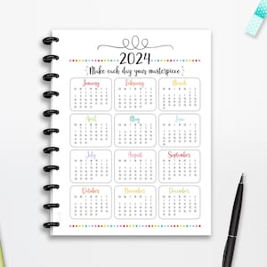 Calendario 2024 imprimible, Inicio del domingo, DESCARGA INSTANTE, Motivación, Planificador, Página completa, Media página, Clásico Feliz, 8.5x11, A4, A5, Cutlines