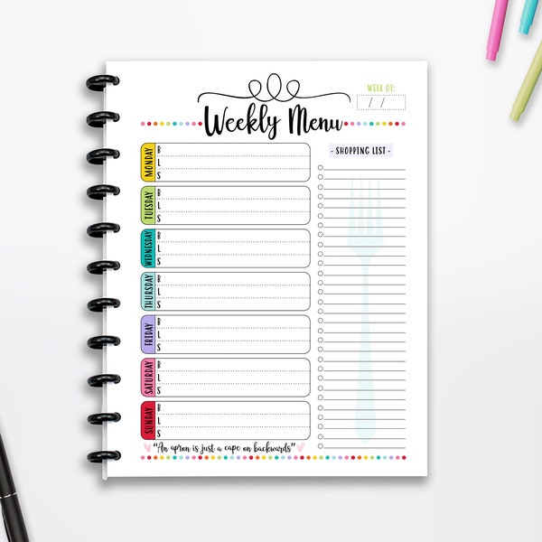 Weekly Menu Planner Printable, Menu Plan, INSTANT DOWNLOAD, Motivation, Planner Insert, Full Page Planner Insert, 8.5"x11" Planner, Cutlines