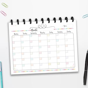 Calendario horizontal mensual, Inicio del lunes, DESCARGA INSTANTE, Planificador, Página completa, Media página, Clásico Feliz, 8.5x11, A4, A5, Líneas de corte