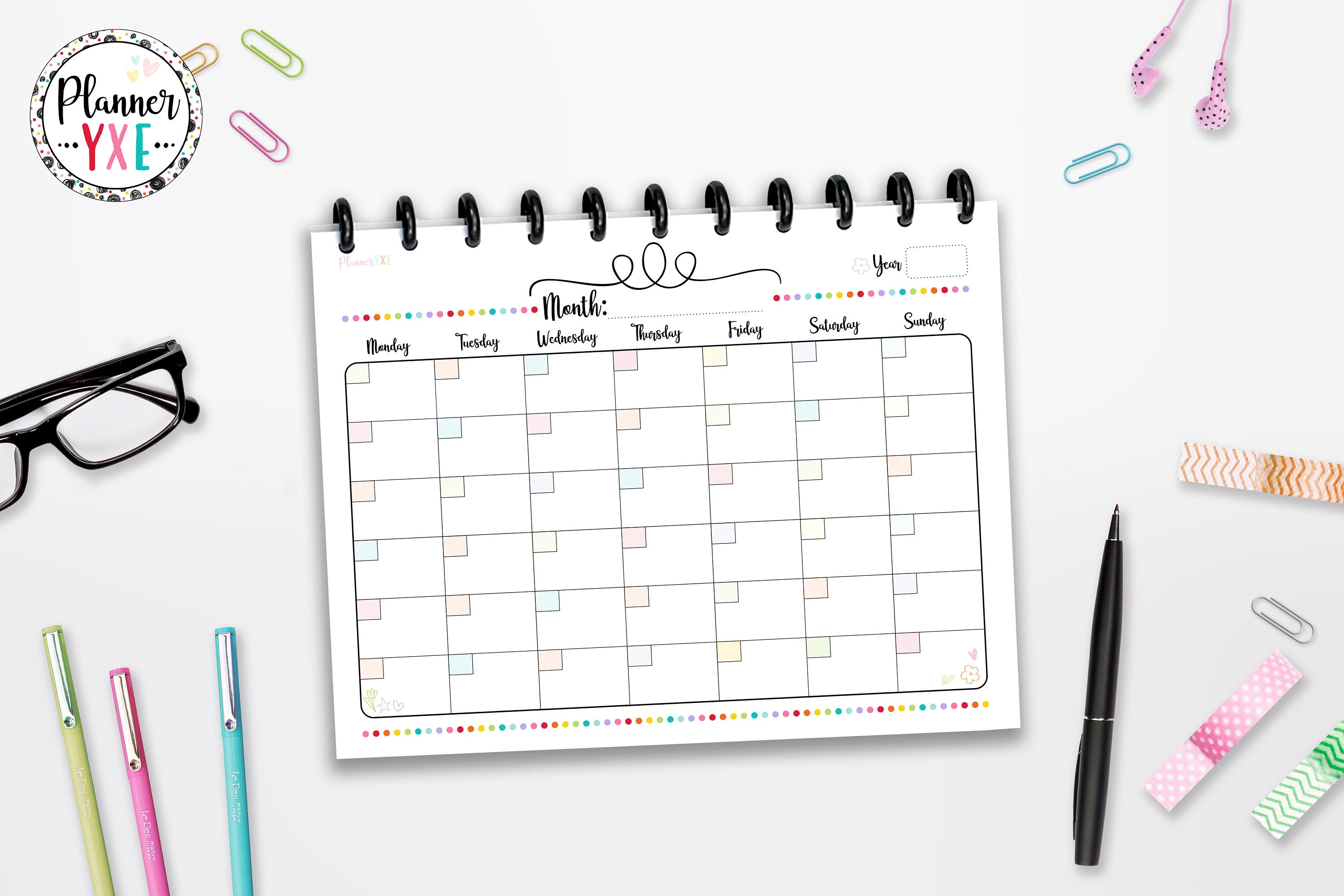 Monthly Horizontal Calendar, Monday Start, INSTANT DOWNLOAD, Planner, Full Page, Half Page, Classic Happy, 8.5x11, A4, A5, Cutlines