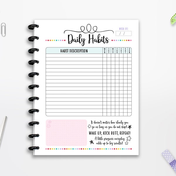 Daily Habit Tracker Printable, Task Tracker, INSTANT DOWNLOAD, CUTLINES, 8.5"x11" Planner, Half Page, 8.5x11, Classic Happy Planner, A4, A5
