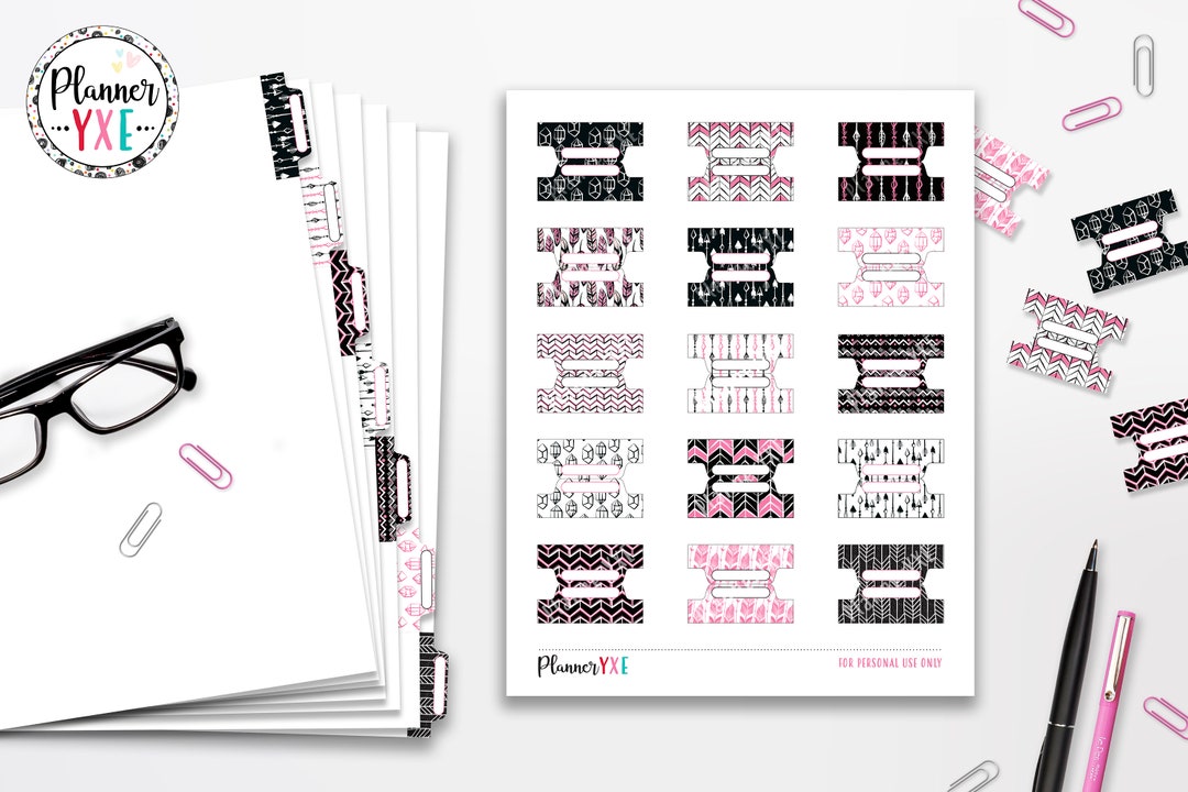 Pink Black White Planner Tabs Printable, Boho, INSTANT DOWNLOAD, Planner Insert, Full Page ...