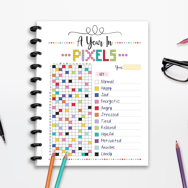 A Year in Pixels Tracker Printable, Mood Tracker, INSTANT DOWNLOAD, Motivation, Classic Happy Planner, Half Page, CUTLINES, 8.5x11, A4, A5