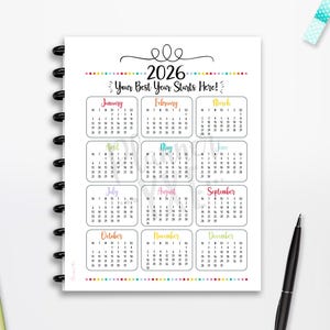 2026年カレンダー（印刷可能、月曜始まり、即時ダウンロード、5サイズ）