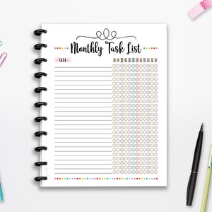 Lista de tareas mensuales imprimible, Seguimiento de tareas, Lista de verificación, DESCARGA INSTANTE, Motivación, Inserción del planificador, Media página, 8,5"x11", HP clásico, A4, A5