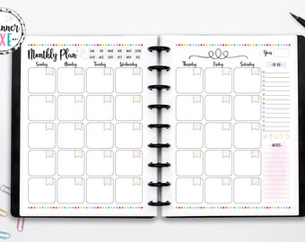 Monthly Planner 2 Page Spread, Sunday Start, Monthly Organizer, INSTANT DOWNLOAD, CUTLINES, Half Page, 8.5x11, Classic Happy Planner, A4, A5