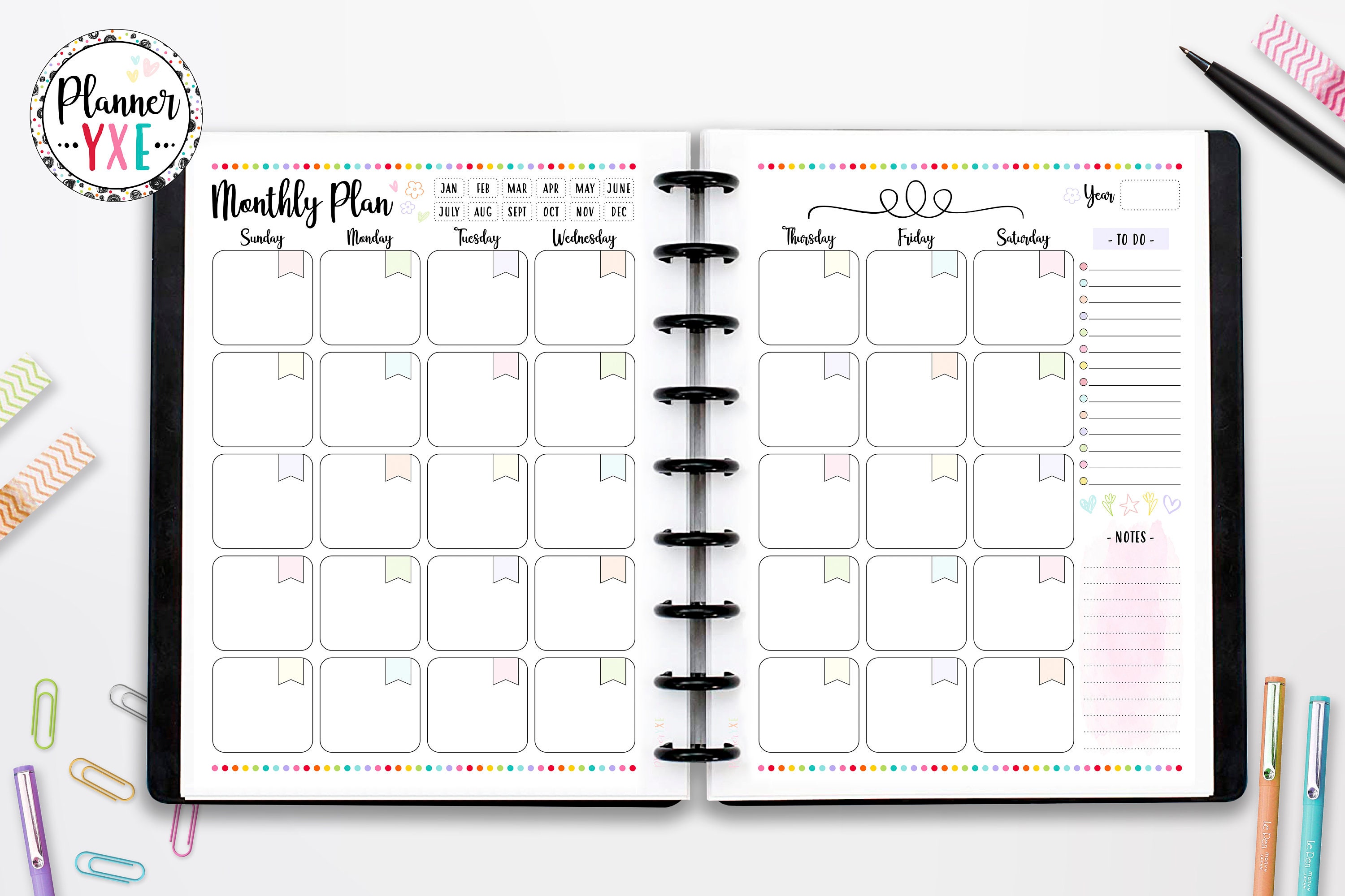 Monthly Planner 2 Page Spread, Sunday Start, Monthly Organizer, INSTANT DOWNLOAD, CUTLINES, Half Page, 8.5x11, Classic Happy Planner, A4, A5
