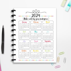 Calendario 2024 imprimible, Inicio del lunes, DESCARGA INSTANTE, Motivación, Planificador, Página completa, Media página, Clásico Feliz, 8.5x11, A4, A5, Cutlines