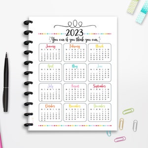 Calendario 2023 imprimible, Inicio del lunes, DESCARGA INSTANTE, Motivación, Planificador, Página completa, Media página, Clásico Feliz, 8.5x11, A4, A5, Cutlines