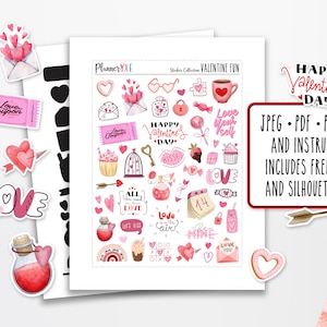 Hoja de pegatinas de San Valentín imprimible, DESCARGA INSTANTE, Imprimible, Pegatinas del planificador, Día de San Valentín, febrero, Archivos GRATIS de silueta y Cricut