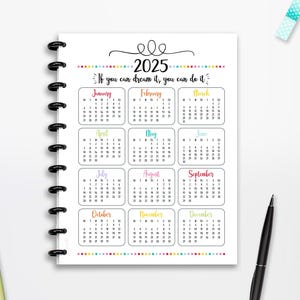 Druckbarer Kalender 2025, Montag Start, SOFORTIGER DOWNLOAD, Motivation, Planer, halbe Seite, Classic Happy, 8.5x11, A4, A5, Cutlines