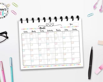 Monthly Horizontal Calendar, Sunday Start, INSTANT DOWNLOAD, Planner, Full Page, Half Page, Classic Happy, 8.5x11, A4, A5, Cutlines