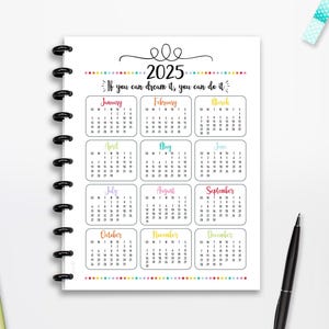 Calendario 2025 imprimible, inicio en domingo, DESCARGA INMEDIATA, motivación, planificador, página completa, media página, clásico, feliz, 8,5 x 11, A4, A5, líneas de corte