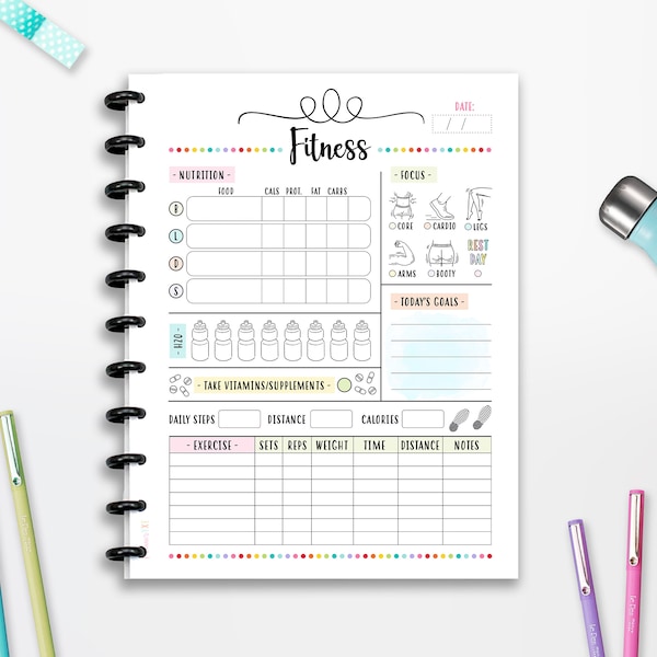 Fitness Planner Tracker, Exercise log, INSTANT DOWNLOAD, CUTLINES,  Half Page, 8.5x11, Classic Happy Planner, A4, A5, Printable Planner