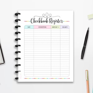 Chequeboek Register Planner Afdrukbaar, Saldo, Tracker, INSTANT DOWNLOAD, Volledige pagina, Halve pagina, 8,5"x11", Klassieke Happy Planner, A4, A5