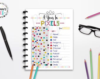 A Year in Pixels Tracker Printable, Mood Tracker, INSTANT DOWNLOAD, Classic Happy Planner, Half Page, CUTLINES, 8.5x11, A4, A5
