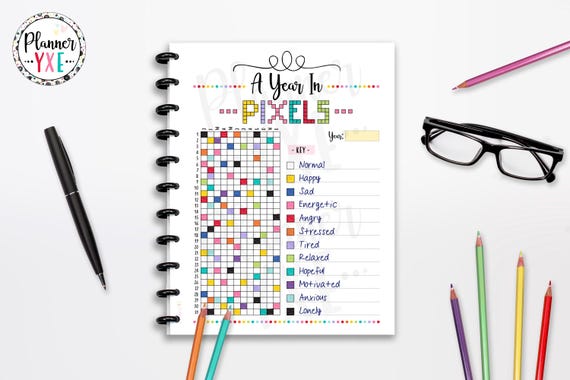 A Year in Pixels Tracker Printable, Mood Tracker, INSTANT DOWNLOAD, Classic Happy Planner, Half Page, CUTLINES, 8.5x11, A4, A5