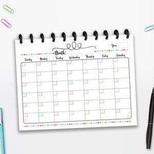 Calendario horizontal mensual, Inicio dominical, DESCARGA INSTANTE, Planificador, Página completa, Media página, Clásico Feliz, 8.5x11, A4, A5, Líneas de corte