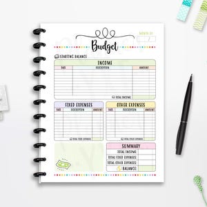 Agenda budgétaire mensuel imprimable, suivi du budget, TÉLÉCHARGEMENT IMMÉDIAT, pleine page, demi-page, 8,5 x 11 pouces, Happy Planner classique, A4, A5