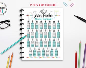 12 Cups a Day Water Tracker, Monthly Water Challenge, INSTANT DOWNLOAD, Planner Insert, Full Page, Half Page, 8.5x11", Happy Planner, A4, A5