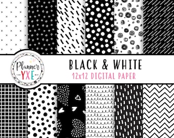 Black and White Digital Paper, 12x12, INSTANT DOWNLOAD, Planner Insert, Scrapbooking Paper, Planner Paper