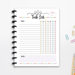 Lista de tareas semanales imprimible, Seguimiento de tareas, Lista de verificación, DESCARGA INSTANTE, Motivación, Inserción del planificador, Media página, 8,5"x11", HP clásico, A4, A5