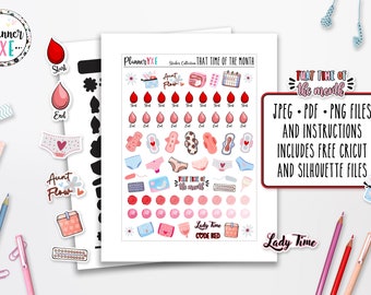 Period Tracker Sticker Sheet Printable, INSTANT DOWNLOAD, Printable, Planner Stickers, FREE Silhouette & Cricut Files