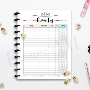 Diario de películas, lista de películas imprimible, descarga instantánea, líneas de corte, inserto de planificador, página completa, media página, 8,5" x 11", planificador clásico Happy, A4, A5