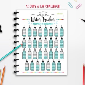 Rastreador de agua de 12 tazas al día, Desafío mensual de agua, DESCARGA INSTANTE, Inserción del planificador, Página completa, Media página, 8.5x11", Planificador feliz, A4, A5