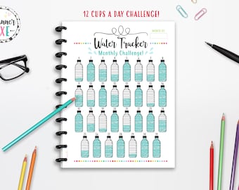 12 Cups a Day Water Tracker, Monthly Water Challenge, INSTANT DOWNLOAD, Planner Insert, Full Page, Half Page, 8.5x11", Happy Planner, A4, A5