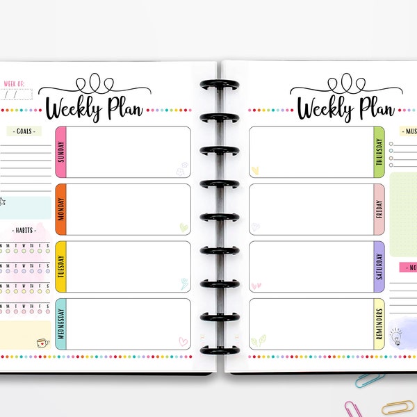 Weekly Planner 2 Page Spread Printable, Sunday Start, INSTANT DOWNLOAD, Weekly Organizer, Half Page, 8.5x11, Classic Happy Planner, A4, A5