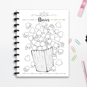 Registro de películas, Lista de películas, DESCARGA INSTANTE, Líneas de corte, Inserción del planificador, Página completa, Media página, 8,5"x11", Planificador feliz clásico, A4, A5