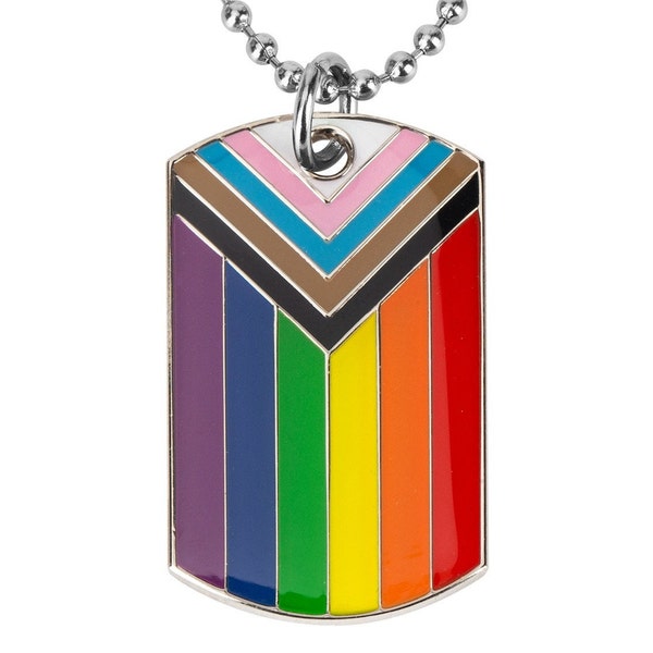 Progress Pride Flag Dog Tag Necklace | LGBTQ+ Pride Accessories & Merchandise | Subtle Gay Pride Jewelry Gifts | LGBT Pride Necklace