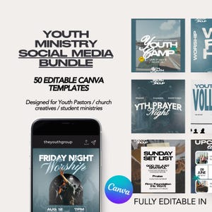 May include: A digital bundle of 50 editable Canva templates for youth ministry social media. The display features text reading YOUTH MINISTRY SOCIAL MEDIA BUNDLE, 50 EDITABLE CANVA TEMPLATES, and various graphic designs for events like worship and prayer.