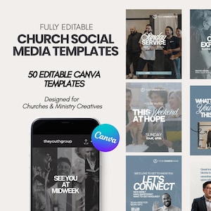 Op de afbeelding: Een verzameling van 50 volledig bewerkbare social media sjablonen voor kerken voor Canva. De weergave bevat verschillende grafische lay-outs met tekst zoals Sunday Service, This Weekend at Hope en Let's Connect, naast een smartphone met een bericht.