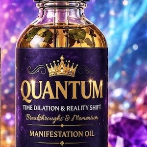 May include: A clear glass dropper bottle containing amber liquid and dried herbs. The purple label features a gold crown icon and text reading: QUANTUM TIME DILATION & REALITY SHIFT Breakthoughs & Momentum MANIFESTATION OIL QUANTUM OIL - 2 FL OZ - 59 ML.