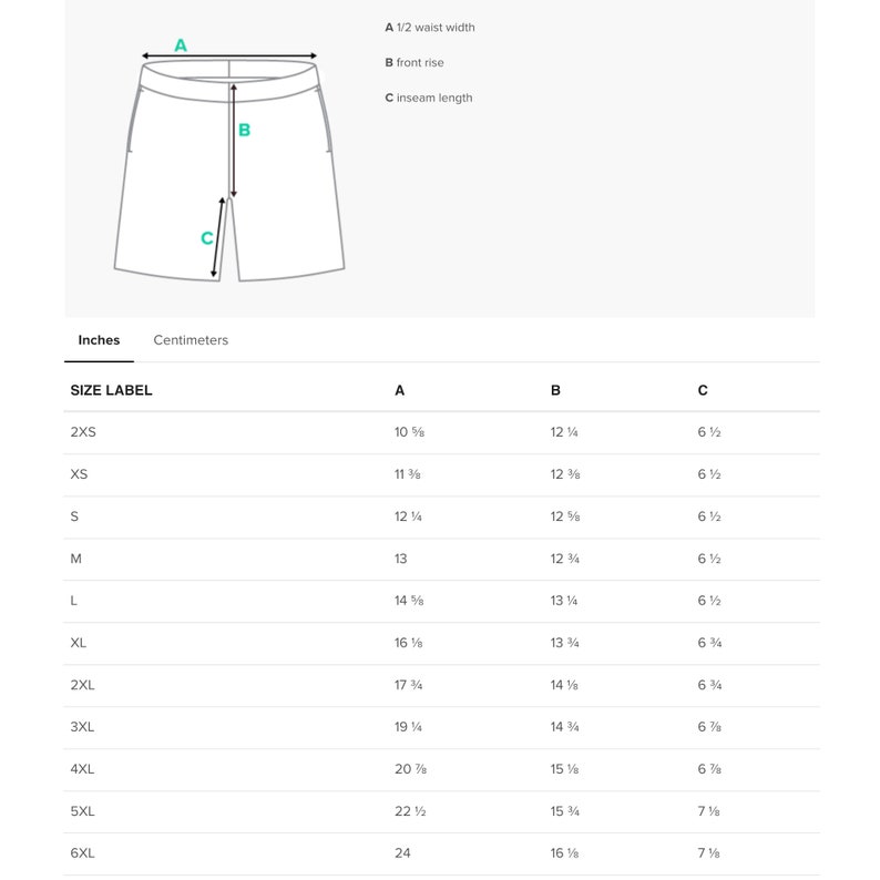 May include: Size chart for shorts with measurements in inches for waist, rise, and inseam length. Sizes range from 2XS to 6XL.