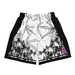 May include: White basketball shorts with a black and grey bamboo print. The shorts have a black waistband and black trim around the legs. There is a blue and red logo on the right leg.
