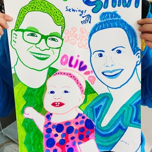 Op de afbeelding: Een wit vel papier met kleurrijke tekeningen van drie mensen. De namen "Daniel", "Sara" en "Olivia" staan in grote, kleurrijke letters. De tekening van Daniel is groen, Sara is blauw en Olivia is roze met blauwe stippen. De woorden "Chef!" en "Naai!" staan op het papier.