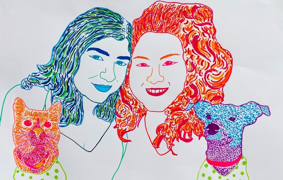 Custom Couples portrait! Personalized present, Creative hostess gift, Colorful, handmade, hand drawn, wall art, unusual art, unique gift